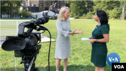 Assistant Secretary Alice Wells talking to Navbahor Imamova, VOA, New York, September 23, 2019