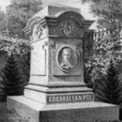 Litho­graph of Edgar Allan Poe's Mem­orial Grave in Balt­imore, Mary­land.