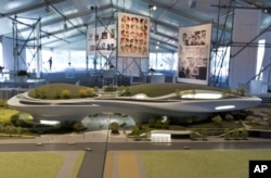 An architectural model of the Lucas Museum of Narrative Art iconic building designed by Ma Yansong of MAD Architects is displayed in Los Angeles Wednesday, March 14, 2018.