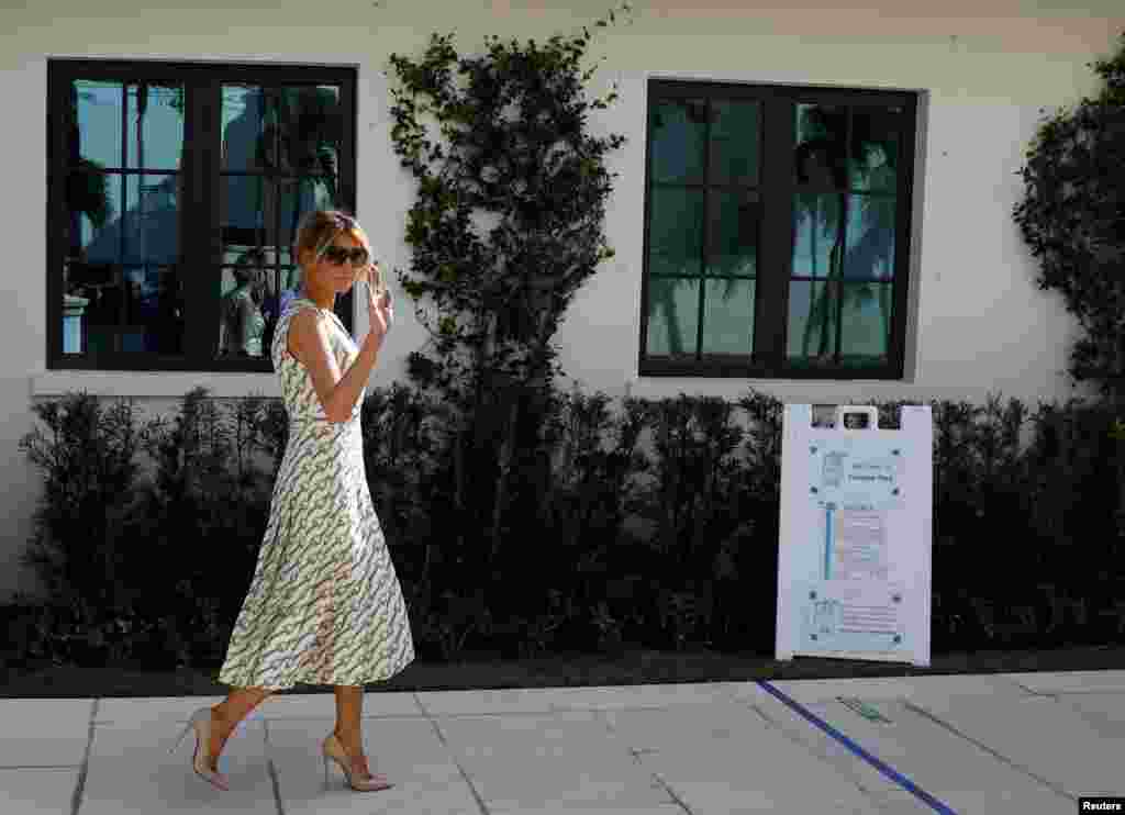 U.S. first lady Melania Trump arrives to cast her vote during the 2020 presidential election at Morton and Barbara Mandel Recreation Center in Palm Beach, Florida, Nov. 3, 2020. 