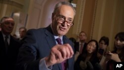 FILE - Senate Minority Leader Charles Schumer, D-N.Y., reacts to questions from reporters. 