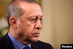 FILE - Turkish President Tayyip Erdogan is seen at The Peninsula hotel on the sidelines of the United Nations General Assembly in Manhattan, New York, U.S. Sept. 21, 2017.