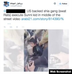 A Twitter post claiming the boy was killed by “a US backed shia gang.”