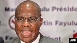  Martin Fayulu speaks during a press conference on January 18, 2019 at his party headquarters in the capital Kinshasa