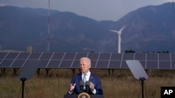 President Joe Biden speaks about infrastructure at the Flatirons campus of the National Renewable Energy Laboratory, Tuesday, Sept. 14, 2021, in Arvanda, Colo. (AP Photo/Evan Vucci)