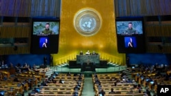 볼로디미르 젤렌스키 우크라이나 대통령이 23일 유엔 본부에서 열린 미래 정상회의에서 연설하고 있다. 