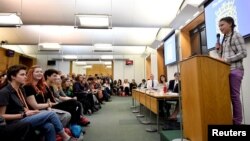 Swedish environmental activist Greta Thunberg gives a speech at the House of Commons as a guest of Caroline Lucas, in London, Britain, April 23, 2019. 