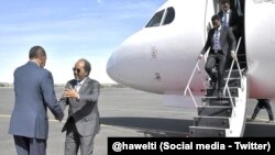 የሶማሊያ ፕሬዝደንት ሃሳን ሼክ ሞሃሙድ በኤርትራ ፕሬዝደንት ኢሳያስ አፈወርቂ አቀባበል ሲደረግላቸው፤ አስመራ ዓለም አቀፍ አውሮፕላን ማረፊያ፤ ኤርትራ፤ እአአ 25/2024