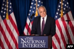FILE - Former U.S. Ambassador to Afghanistan Zalmay Khalilzad speaks about foreign policy at the Mayflower Hotel, April 27, 2016, in Washington. Khalilzad is now the U.S. special representative for Afghanistan reconciliation.