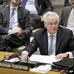 Vitaly Churkin, Russia's Ambassador to the UN, speaks during the United Nations Security Council meeting to discuss the situation in Libya, New York, March 7, 2012