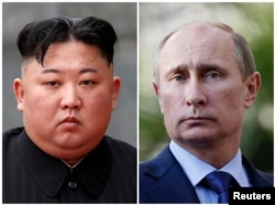 FILE - A combination of file photos shows North Korean leader Kim Jong Un in Hanoi, Vietnam, March 2, 2019, and Russia's President Vladimir Putin during a joint news conference in Sochi, Krasnodar region, Russia, May 16, 2013.