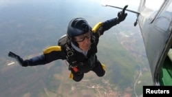 Ibrahim Kalesic, a parachuter, jumps from an airplane during a competition in Paracin, Serbia on April 20, 2019. (REUTERS/Ibrahim Kalesic)