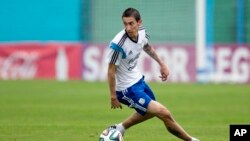 Angel Di Maria s'entrainant à Buenos Aires, Argentine, pour la Coupe du monde, le 31 mai 2014.
