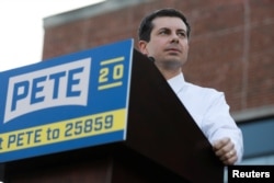 FILE - 2020 Democratic presidential candidate Pete Buttigieg speaks at a campaign event in Des Moines, Iowa, April 16, 2019.
