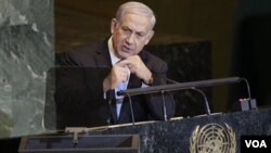 PM Israel Benjamin Netanyahu saat berpidato di depan Majelis Umum PBB di New York (23/9). Israel menentang upaya Palestina di PBB.