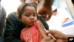 FILE - A Malagasy child receives a vaccination at a makeshift village clinic in Antanetikely, Madagascar.