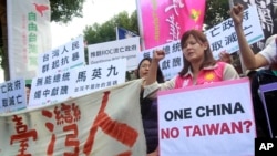Opposition protesters shout slogans with placards opposing the planned meeting of Taiwan's President Ma Ying-jeou with his China counterpart Xi Jinping in Taipei, Taiwan, Wednesday, Nov. 4, 2015.