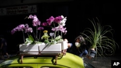 Roberta Machado arranges flowers on her 1969 VW beetle in Rio de Janeiro, Brazil, Oct. 21, 2020. After she saw her business of renting rooms for tourists dry up due to the pandemic, she converted her car into a mobile flower store.