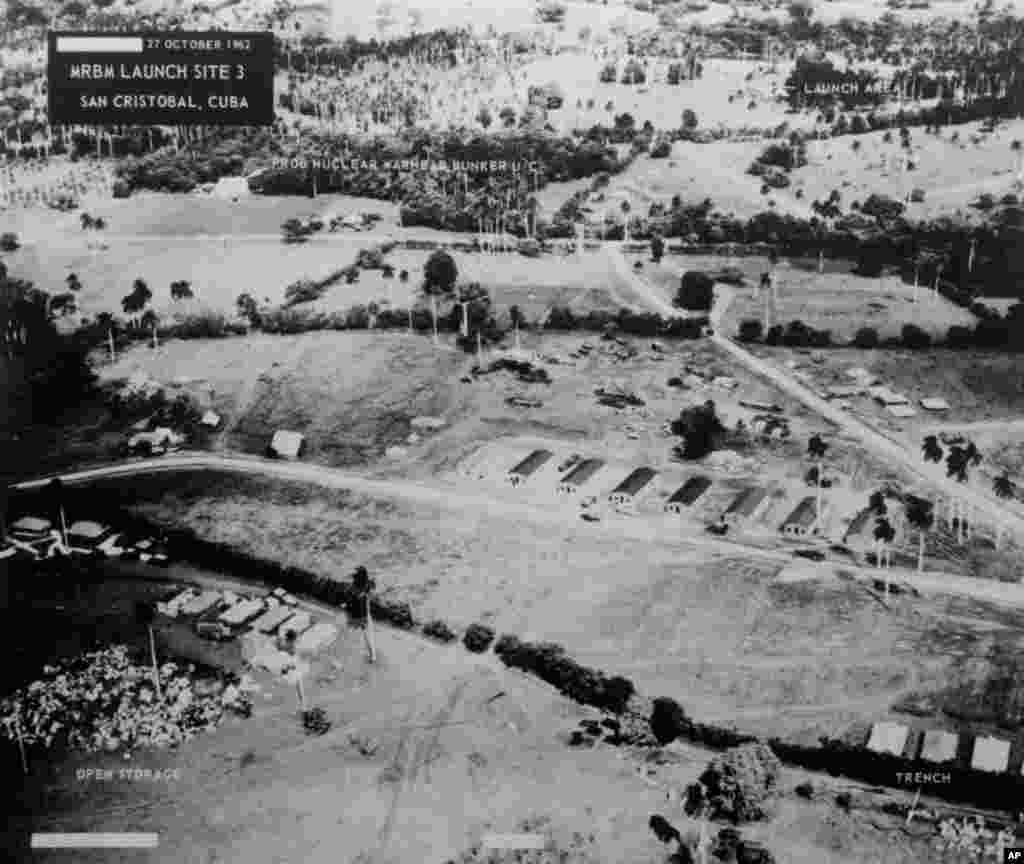 This aerial reconnaissance photo is of the San Cristobal medium range ballistic missile site No. 3 in Cuba. The U.S. Department of Defense says, shows the site at its maximum readiness on October 27, 1962. 