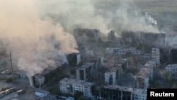 A drone view shows damaged property in Vovchansk, Kharkiv region, Ukraine, on June 2, 2024. (United Assault Brigade of the National Police of Ukraine via Reuters)