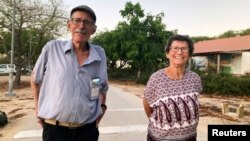 Yocheved Lifshitz, who was held as hostage by Palestinian Hamas militants, is seen with her husband Oded in this handout picture obtained by Reuters on Oct. 23, 2023, as Hamas announced she was going to be released. Daniel Lifshitz archive/Handout via Reuters. 
