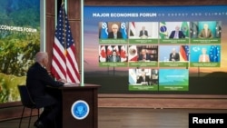 조 바이든 미국 대통령이 20일 백악관에서 '에너지 및 기후에 관한 주요 경제국 포럼(MEF)' 화상 정상회의를 주재하고 있다.