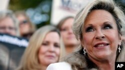 Kayla Moore, wife of former Alabama Chief Justice and U.S. Senate candidate Roy Moore, prepares to speak at a news conference, Nov. 17, 2017, in Montgomery, Alabama.