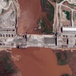 A satellite image taken May 28 shows the Grand Ethiopian Renaissance Dam on the Blue Nile river in the Benishangul-Gumuz region of Ethiopia.