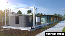 An artist's image simulates a production that could be set up to use 3D printing technology to build inexpensive homes. (ICON/New Story)
