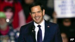 Senator Marco Rubio berbicara dalam acara kampanye Donald Trump di Allentown, Pennsylvania, pada 29 Oktober 2024. (Foto: AP/Matt Rourke)