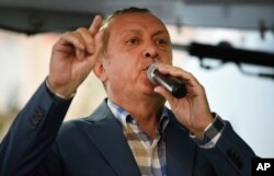FILE - Turkish President Recep Tayyip Erdogan delivers a speech in Istanbul, July 16, 2016.