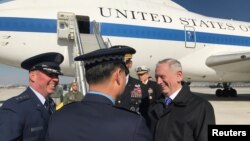 U.S. Defense Secretary James Mattis arrives at Osan Air Base in Osan, South Korea, Feb. 2, 2017.