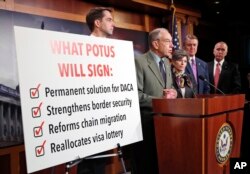 Sen. Chuck Grassley, R-Iowa, second from left, speaks accompanied by Sen. Tom Cotton, R-Ark., left, Sen. Joni Ernst, R-Iowa, Sen. David Perdue, R-Ga., and Sen. Thom Tillis, R-N.C., during a news conference about an immigration bill on Capitol Hill, Feb. 1