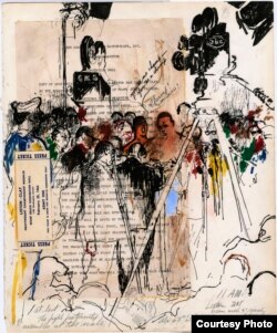 រូប​គំនូរ​បង្ហាញ​កីឡាករ Liston និង​លោក Ali ថ្លឹង​ទម្ងន់​កាលពី​ថ្ងៃទី២៤ ខែកុម្ភៈ ឆ្នាំ១៩៦៤។ (រូបថត​ផ្តល់​ឲ្យ​ដោយ LeRoy Neiman Foundation)