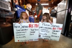 In this Friday, May 29, 2020 photo, Cora Pray, left, and her sister, Pearl Pray, hold homemade signs advertising their father's new business of selling his lobsters from his home garage in Portland, Maine.