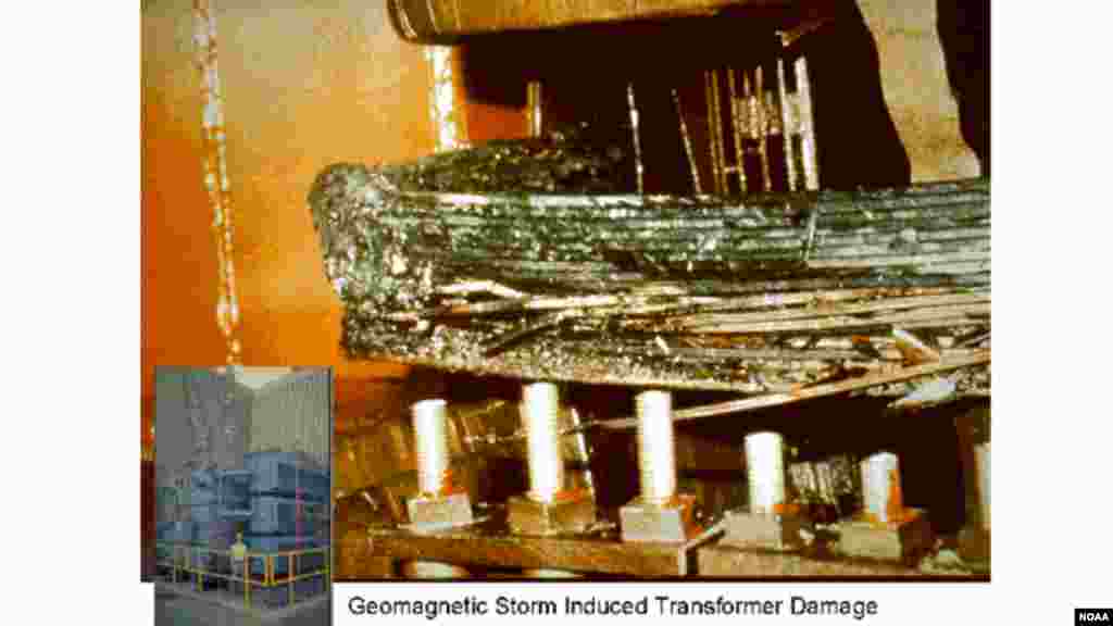 Solar storms can seriously damage power grid transformers. (Credit: NOAA Space Weather Prediction Center)