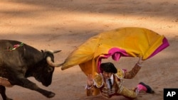 FILE - Spanish bullfighter Juan Leal falls in front a bull during a bullfight at the San Fermin Festival in Pamplona, northern Spain, July 14, 2018.