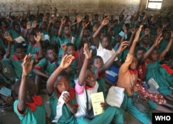 FILE - Schoolchildren participate in a class on malaria and how to protect themselves in Malawi.