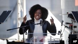 Actress Viola Davis speaks at a Women's March against sexual violence and the policies of the Trump administration, Jan. 20, 2018, in Los Angeles.