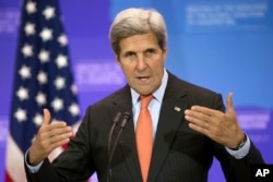 Secretary of State John Kerry speaks at the Meeting of the Ministers of the Global Coalition to Counter ISIL at the State Department in Washington, July 21, 2016. Kerry is "working very hard" to keep the cease-fire in Yemen in place.