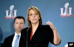 NFL Chief Security Officer Cathy Lanier discusses security preparations for Super Bowl 51, Jan. 31, 2017, in Houston.