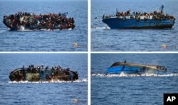 FILE - In this four-picture combo a boat overturns as people try to jump in the water off the Libyan coast on May 25, 2016.