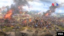 A mural of an Angkorian civil war at the North Korea’s Angkor Panorama Museum in Siem Reap, Cambodia.