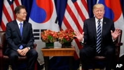 President Donald Trump speaks at a meeting with South Korean President Moon Jae-in at the Palace Hotel during the United Nations General Assembly, Thursday, Sept. 21, 2017, in New York. (AP Photo/Evan Vucci)