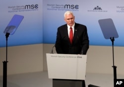 United States Vice President Mike Pence speaks during the Munich Security Conference in Munich, Germany, Feb. 18, 2017. The annual weekend gathering is known for providing an open and informal platform to meet in close quarters.