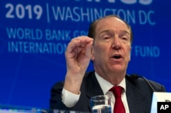 World Bank President David Malpass speaks at a news conference during the World Bank/IMF Spring Meetings in Washington, April 11, 2019.