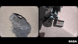 This pair of images shows a "bite mark" where NASA's Curiosity rover scooped up some Martian soil (left), and the scoop carrying soil. The first scoop sample was taken from the "Rocknest" patch of dust and sand on Oct. 7, 2012, the 61st sol, or Martian day.