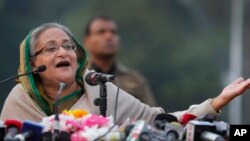 Bangladesh's Prime Minister Sheikh Hasina speaks during a press conference after her Awami League won elections, Dhaka, Jan. 6, 2014.