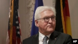 German President Frank-Walter Steinmeier speaks at the Goethe Institute, Oct. 31, 2019, in Boston. 