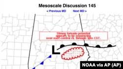 This image from NOAA shows a portion of a tornado warning for Alabama issued at 1 p.m. CST on Sunday, March 3, 2019 before a tornado hit later in the day.